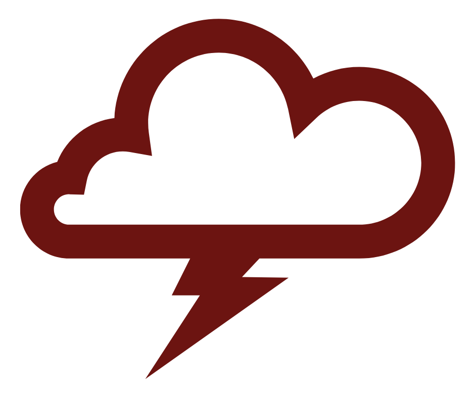 A simple red icon of a cloud with a lightning bolt underneath, representing a storm.