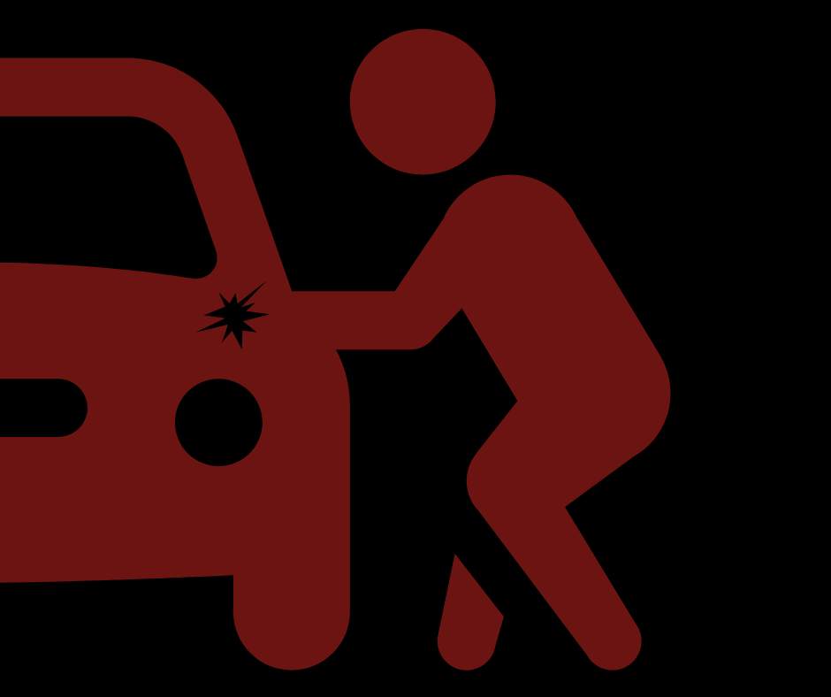 A simple red icon depicting a person inspecting or repairing a car, with a starburst symbol on the car's surface, indicating damage or a dent.