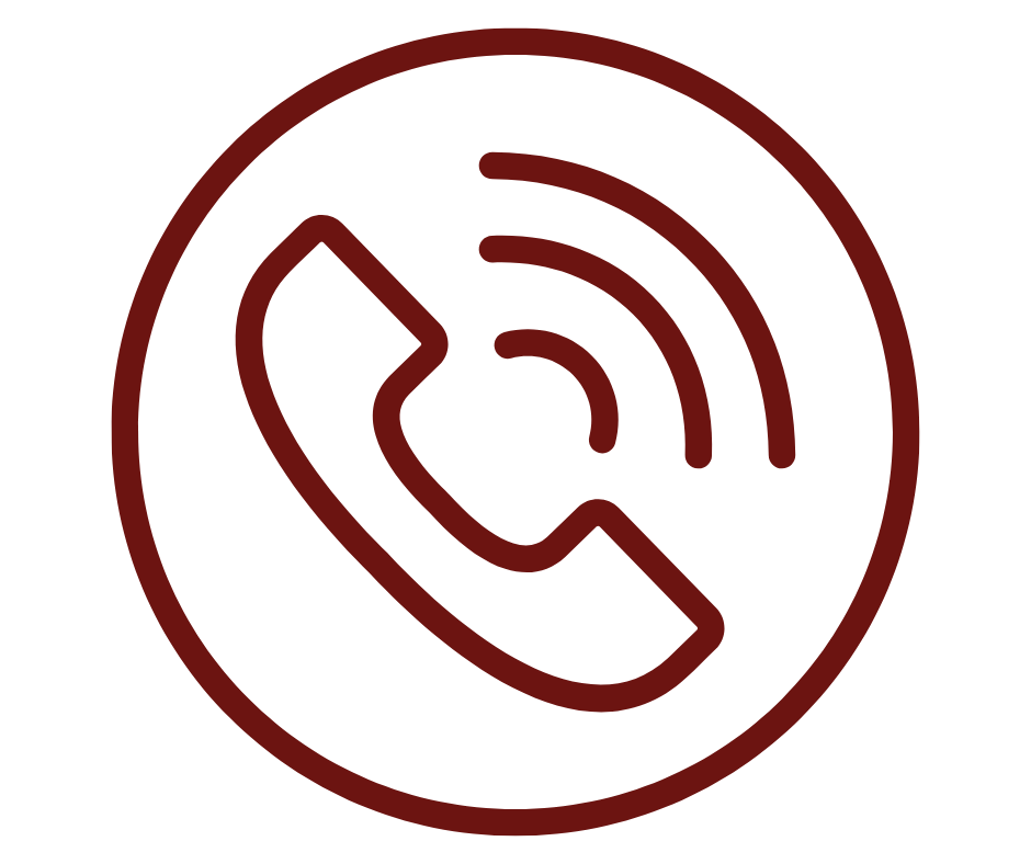 A simple red icon of a telephone handset with sound waves emanating from it, enclosed in a circle, representing a phone call or communication.