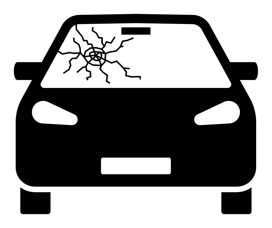 A black-and-white illustration of a car viewed from the front, with a large crack in the upper left corner of the windshield.