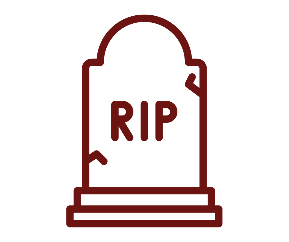 A simple red icon of a tombstone with the letters 'RIP' engraved on it, representing the concept of something being deceased or ended.