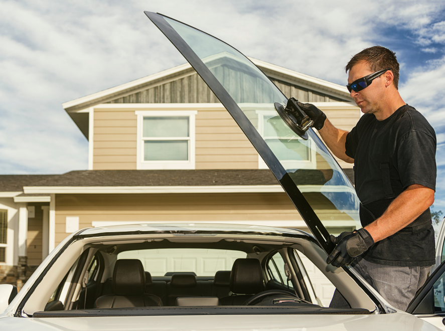 Man installing a windshield on a vehicle in front of a tan house.