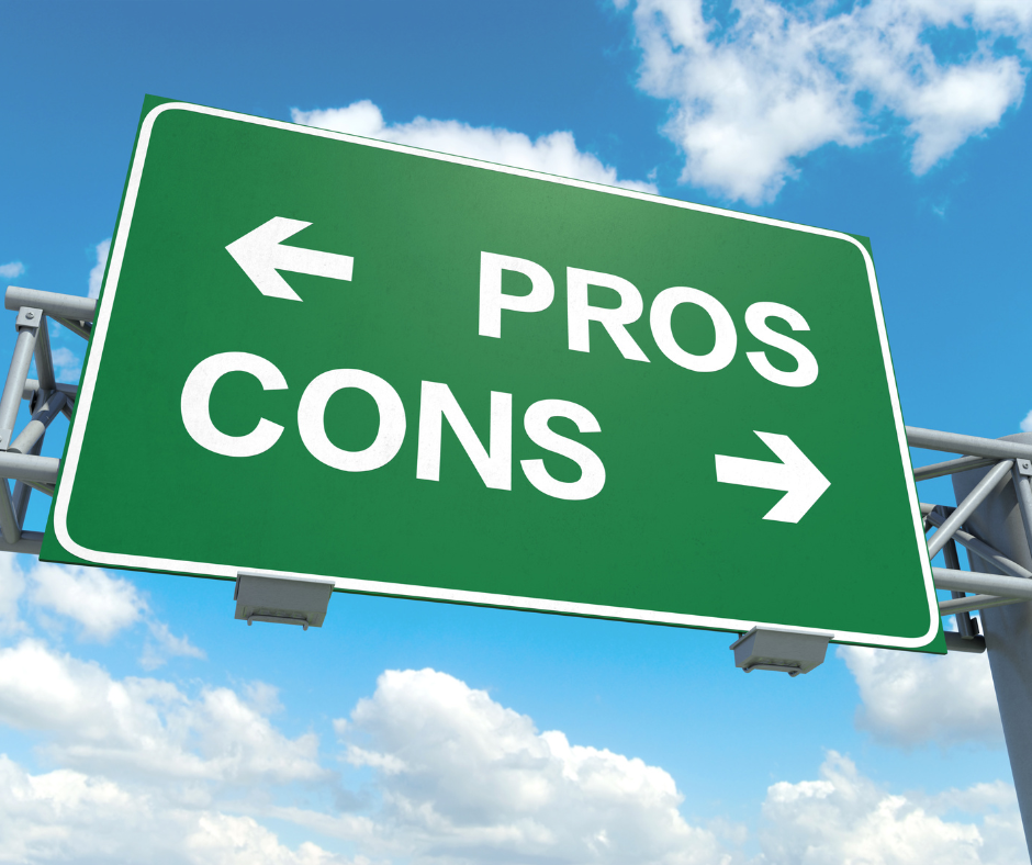 A green highway sign with white text and arrows against a bright blue sky with scattered clouds. The sign reads "PROS" with a right-pointing arrow and "CONS" with a left-pointing arrow, indicating directions for weighing positive and negative aspects. The sign is mounted on a metal structure, typical of road signs.