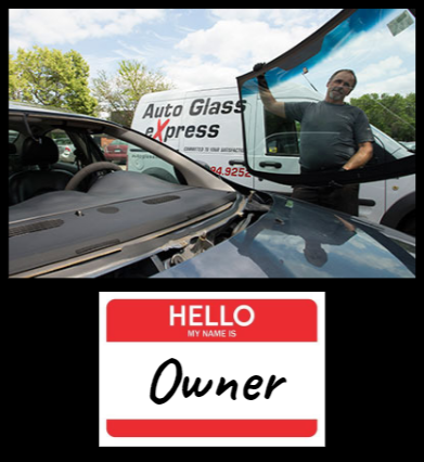 The top section shows a technician from Auto Glass Express installing a windshield on a vehicle in Minnesota. The technician is standing next to a white van with the company logo visible. The bottom section features a red and white name tag with the text 'HELLO MY NAME IS' in red and 'Owner' in black.